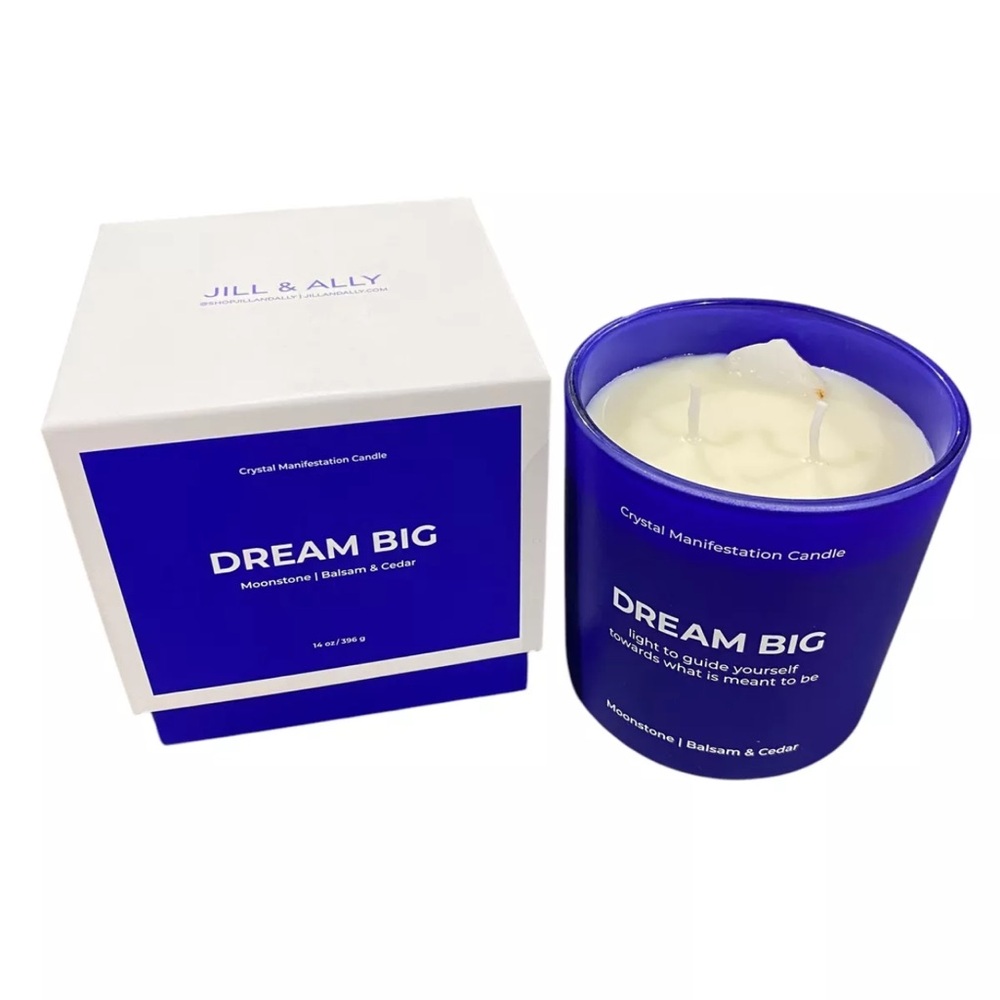 Jill & Ally Dream Big Crystal Manifestation Candle 14 oz Moonstone Balsam Cedar
